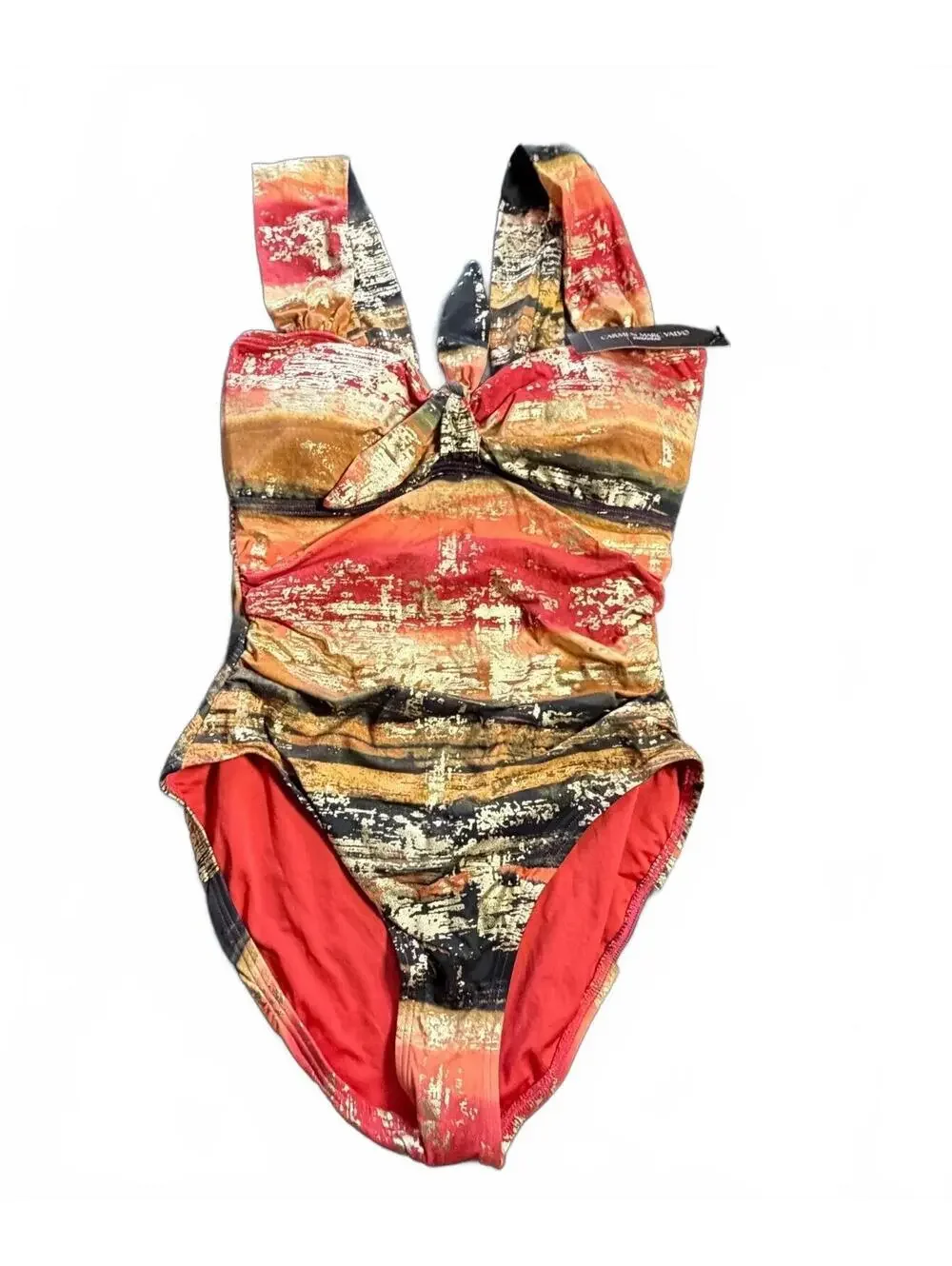 CARMEN MARC VALVO abstract metallic gold knotted front one piece swimsuit sz 12